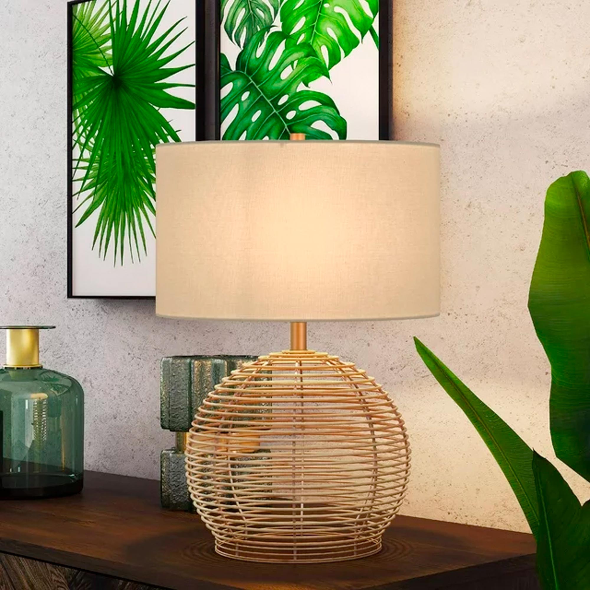 Evelyn&Zoe 21_ Coastal Rattan Table Lamp with White Drum Linen Shade – Image 2