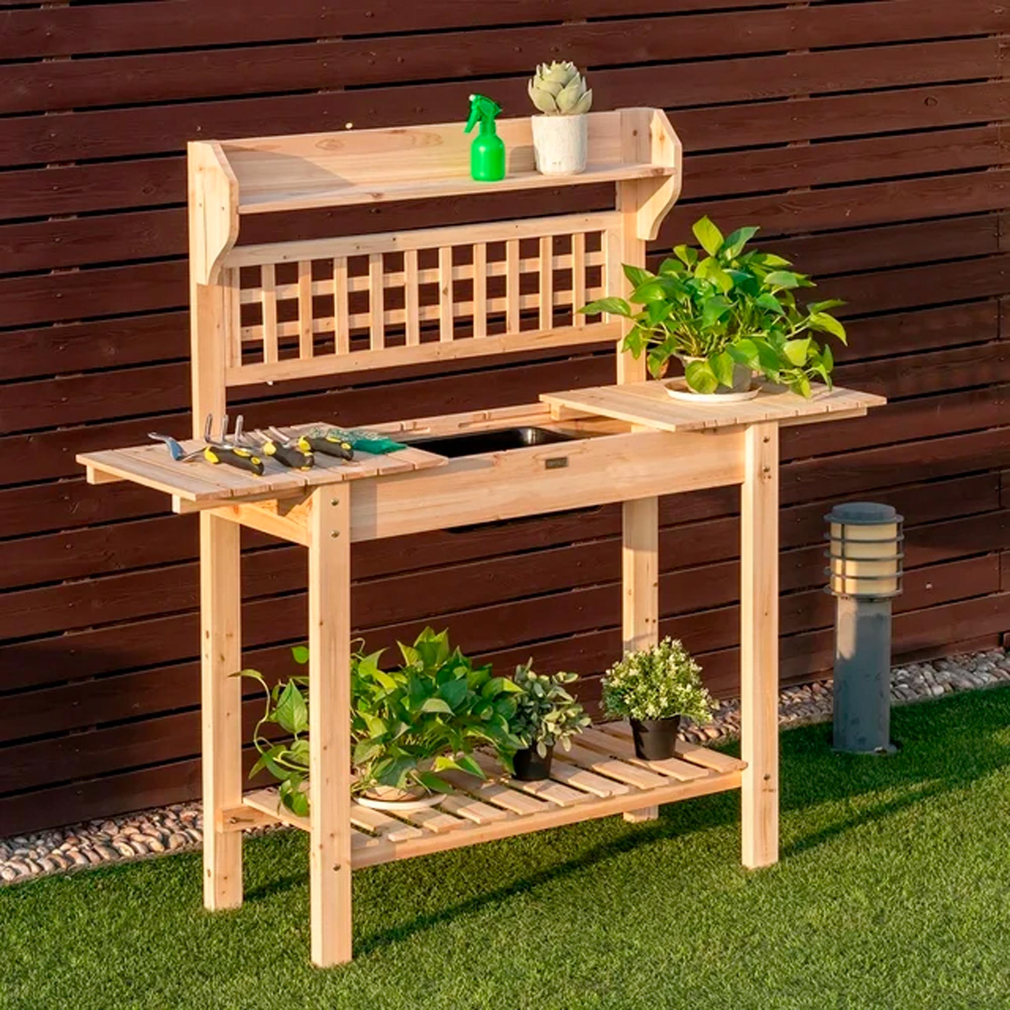 Costway Garden Potting Bench Workstation Table w_Sliding Tabletop Sink Shelves – Image 3